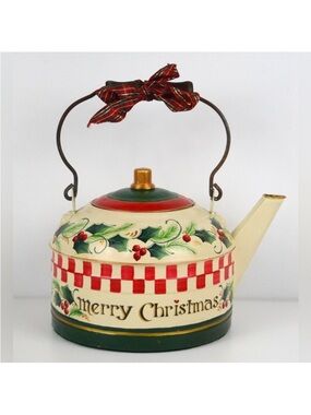 Vintage Hand Painted Metal Merry Christmas Teapot